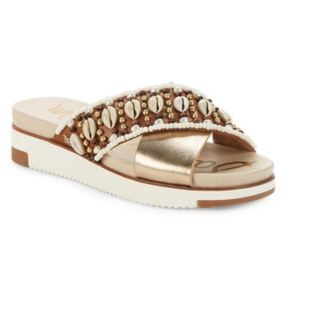 SAM Edelman Austen Platform Slip on Sandals Gold Leather Cowrie Shell Beads - Picture 9 of 12